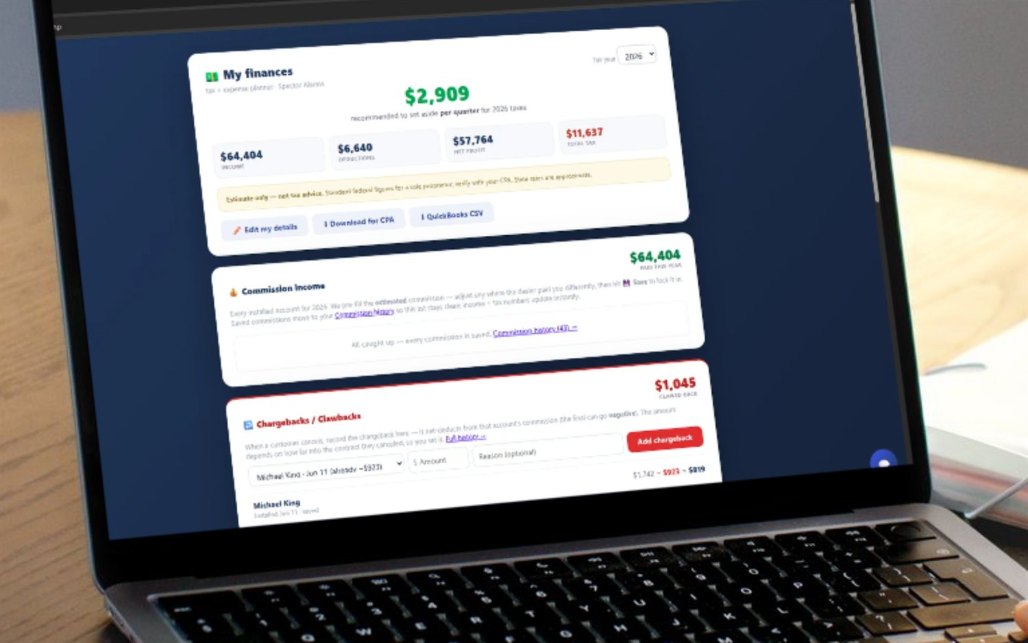SecurityQS keeps a self-employed alarm rep's numbers straight — income, deductions, net profit, tax and a quarterly set-aside