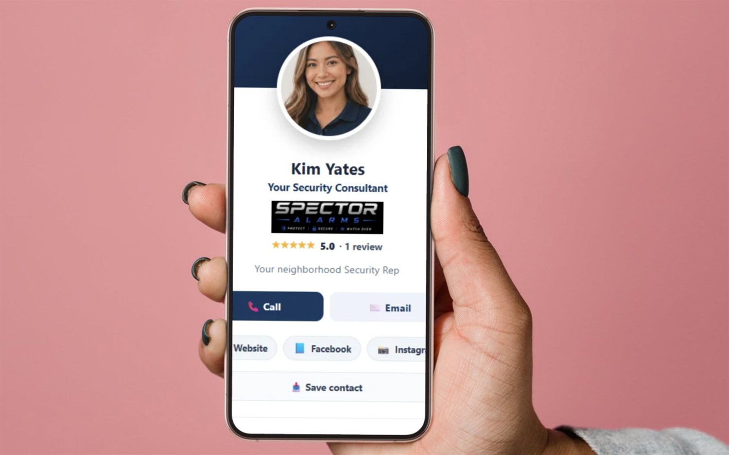 A SecurityQS rep's digital business card on a phone — photo, company logo, 5-star reviews, and call/email/save-contact buttons
