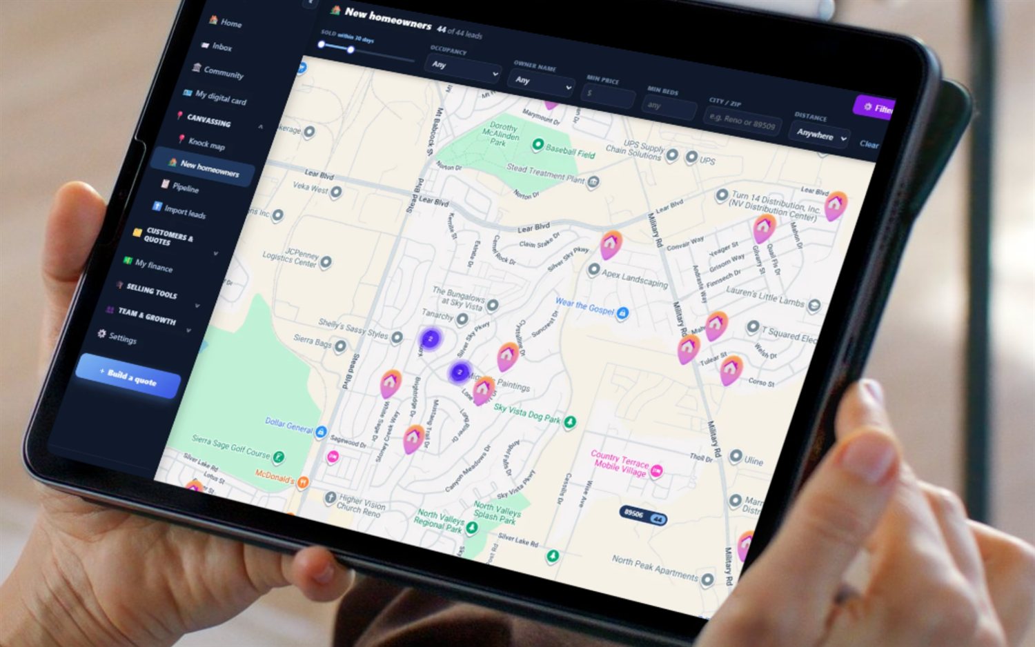 Just-sold homes shown as pins on the SecurityQS New Homeowners map